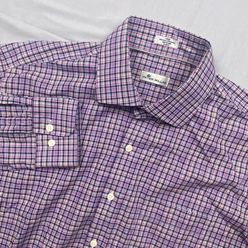Peter Millar Mens Large Purple Plaid Button Down Shirt Cotton Stretch L/S EUC
